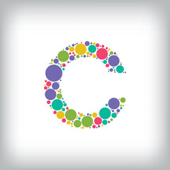 Letter C made of creative colored dots or filled with circles. Creative fonts with unique symbols. Vector illustration.