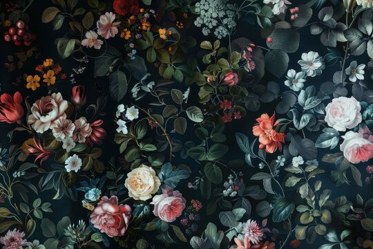 Vintage dark floral wallpaper showcasing moody botanical prints and rich, lush blossoms for a classic aesthetic