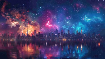 Obraz premium Cityscape Under a Cosmic Sky