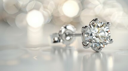 A high-resolution photograph of a single diamond stud earring, brilliant and luxurious, close-up view