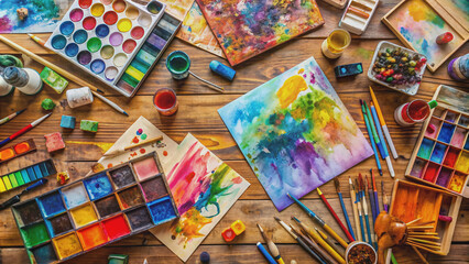 Fototapeta premium Vibrant watercolor paints, brushes, and canvases scattered across a wooden worktable, surrounded by scattered sketches and artistic papers, evoking a sense of creative chaos.