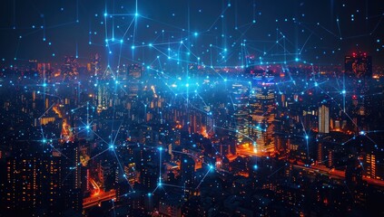 Obraz premium Night Cityscape with Network Connections
