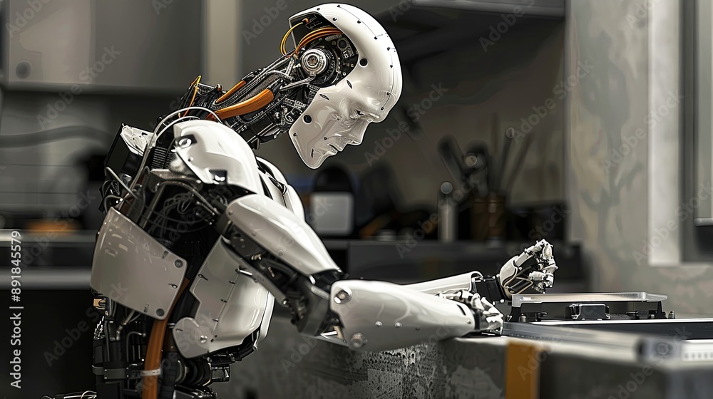 Poster Advanced Humanoid Android Robot Working at a Computer in a Modern Office