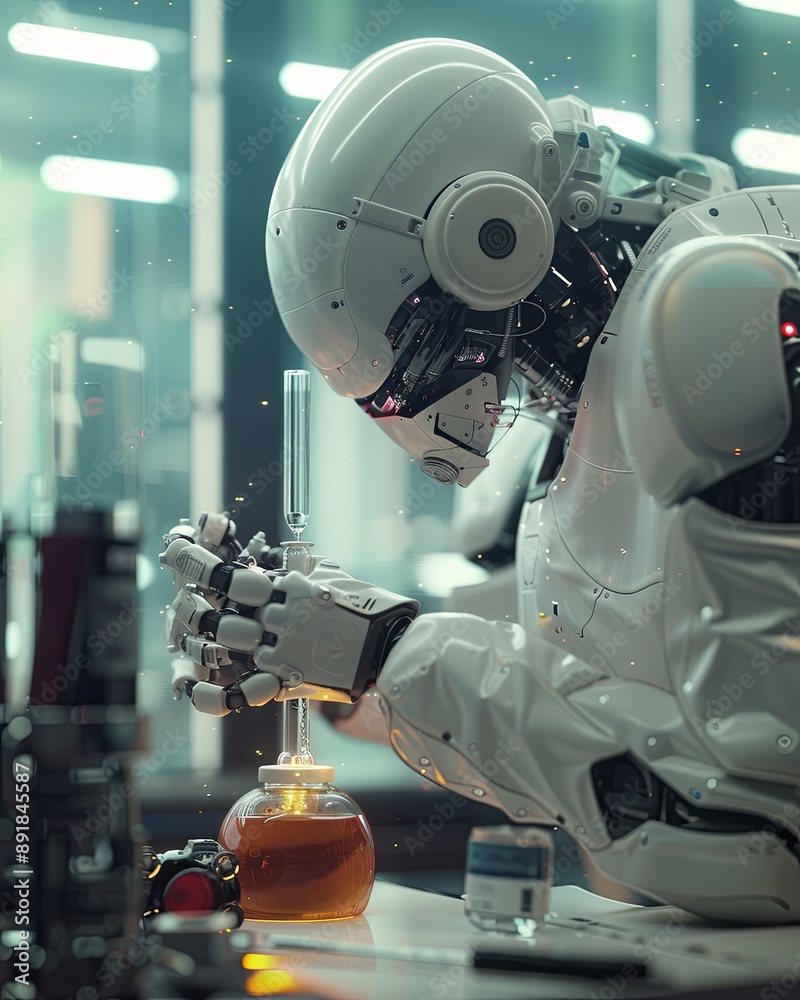 Poster advanced android robot humanoid performs chemical research in a modern laboratory