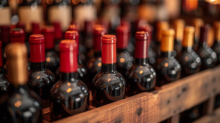 collection of wine bottles neatly arranged on wooden racks. The bottles are predominantly dark-colored, possibly indicating a rich red wine. The corks of the bottles are of varying shades