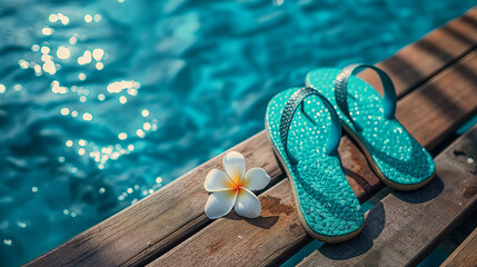 Naklejka premium A pair of turquoise flip-flops with a white flower adorning one of them, placed on a wooden surface adjacent to a vibrant blue swimming pool