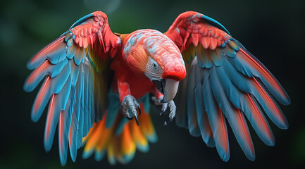 Obraz premium Vibrant Scarlet Macaw in Flight with Outstretched Wings 