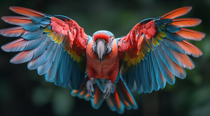 Obraz premium Vibrant Scarlet Macaw in Flight with Outstretched Wings 