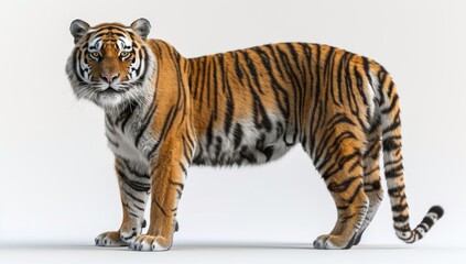 Obraz premium Striped Tiger Standing on a White Background
