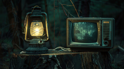 An old oil lamp and an old TV are on a tree stump in the dark. The lamp casts a warm glow on the...