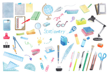 文房具イラストセット　手描き水彩風