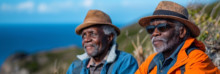 Elderly men sitting by the sea, wearing hats and enjoying the view. Concept for relaxation, outdoor leisure, and serenity, suitable for promoting a tranquil lifestyle and nature appreciation