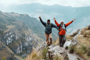 Obraz premium Two elderly men hiking in the mountains, arms raised in celebration. Concept for achievement, friendship, and adventure, suitable for promoting outdoor activities and a vibrant lifestyle in aging