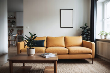 Modern minimalist living room with yellow sofa, cosy apartment with wooden furniture