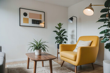 Modern minimalist living room with yellow armchair, cozy apartment with wooden furniture