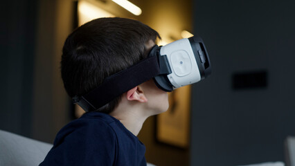 Child wearing VR headset, delving into virtual reality. The wonder and excitement of modern...