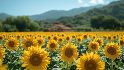 Sunflowers Blooming in a Field with a Mountainous Background