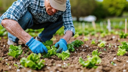 Gardening with Care: Planting Vibrant Foliage - Close-up of a gardener's hands wearing blue gloves while planting vibrant red foliage in rich soil, surrounded by lush greenery.