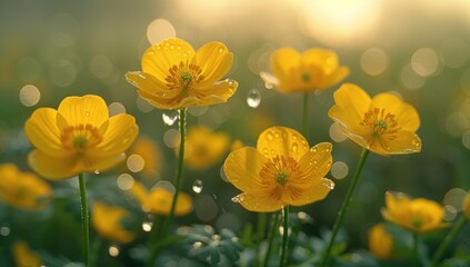Obraz premium Yellow Flowers Glowing in the Morning Dew