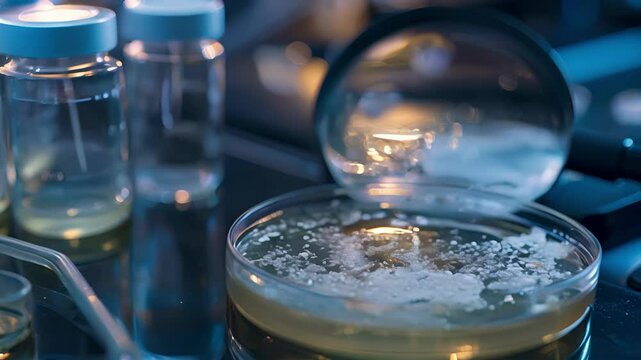 A small petri dish filled with a growing bacteria colony sits under a magnifying lens displaying its unique patterns and structures.