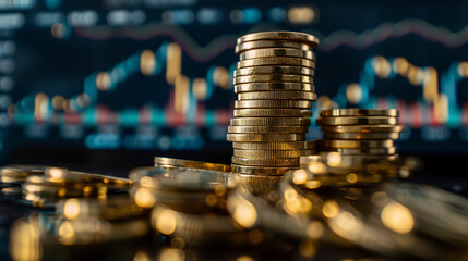 Financial investment concept with a stack of coins representing finance investors, alongside a trading graph showing growth. Themes include the stock market, banking and finance