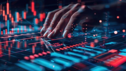 Obraz premium Hands analyzing stock market charts on digital screen with glowing bar graph and line chart.