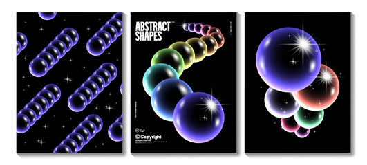 Abstract gradient poster with 3D glass sphere. Futuristic style, geometric shapes and cosmic bright star. Vector background set