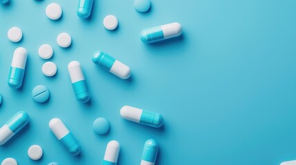 Close up view of medical pills and capsules on blue background with text space Focus on health and COVID 19 prevention