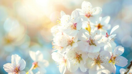 Closeup of Delicate White Cherry Blossoms in Spring Sunlight