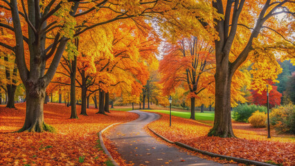 Fototapeta premium Serene autumn scene of a winding park path surrounded by vibrant orange and yellow fall foliage, majestic trees, and a carpet of crunchy leaves.