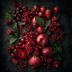 food red fruits leaves apples cherries pomegranates raspberries strawberries 