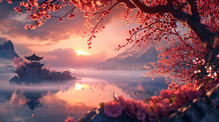 sunset over the lake with a pagoda on an island an mountains in the background