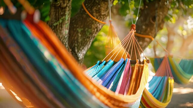 A row of multicolored hammocks stretched between two trees offering a unique and relaxed seating option.