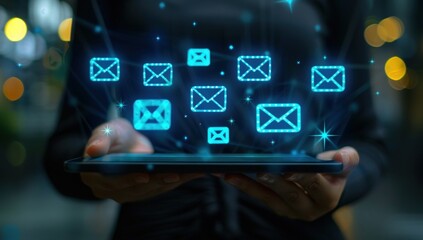 Digital technology concept, hand holding tablet with glowing blue icons of text message and mail.
