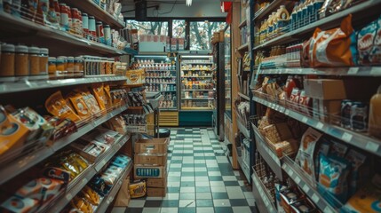 Fototapeta premium Aisle in a small grocery store with various products