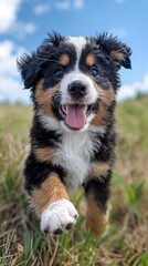 A lively puppy, full of energy and joy, is captured in mid-run on a grassy field.