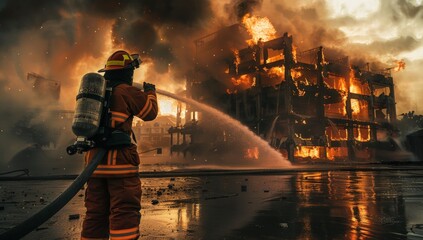 Obraz premium Firefighter battling large fire, water and smoke billowing from building in background.