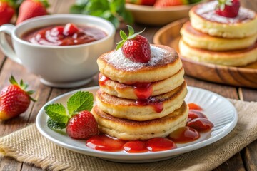 Cozy breakfast scene featuring a plate of fluffy pancakes and strawberry jam