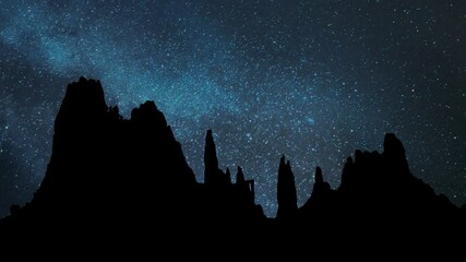 Colorado Springs: Red rock formation in Garden Of The Gods by Night, Time Lapse with Stars and Milky Way in Background, Colorado, USA