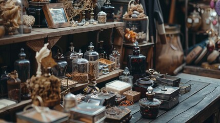 Vintage apothecary jars and containers on wooden shelves