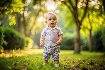 Child learns to walk. Cute smiling little curly baby boy stands on a gray background in the studio and looks at the camera. Concept of new children's skills