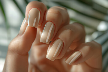 Woman hands with blank neutral colors manicure mockup. Beautiful nude manicure on perfect long nails during vacation, holiday, travel, summer