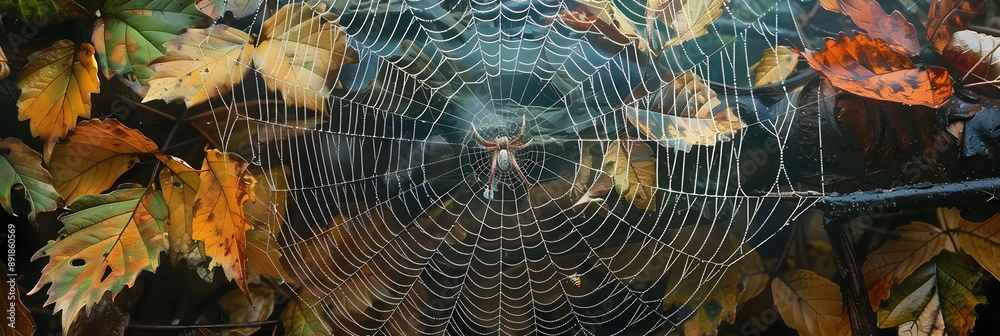 Canvas Prints an arthropods spider web made of natural material is intricately woven among leaves in a forest, cre