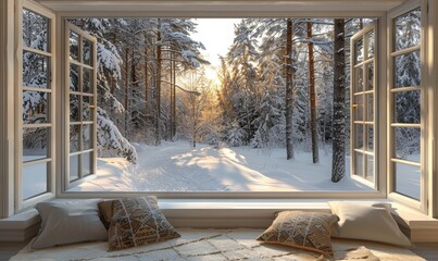 Christmas landscape in a snowy winter forest and warm white snow viewed from a window in a warm and comfortable interior, Generative AI