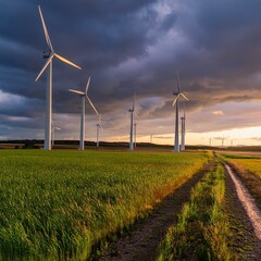 Windpark bei Sonnenuntergang, dramatischer Himmel, Windrad