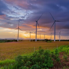 Windpark bei Sonnenuntergang, dramatischer Himmel, Windrad