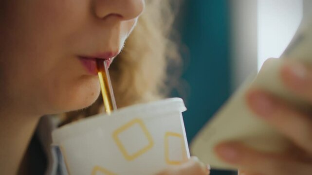 Close-up of the face of a girl who drinks a sweet drink from a paper glass using a straw. Beautiful young girl is in a cafe bar enjoying a happy time