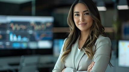 Female political analyst in formal clothes displaying confidence and expertise while standing in a newsroom with charts and data emphasizing her analytical skills