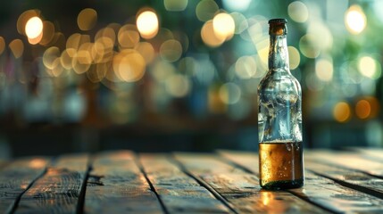 The problem of alcohol and drug abuse. Horizontal banner. Bottle with alcohol on a wooden background. Free space for text. Alcohol and drug addiction recovery month. Say no to drugs and alcohol