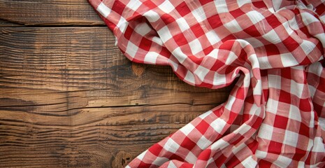 Fototapeta premium Red and white checkered tablecloth on a wooden background with copy space, in a top view.